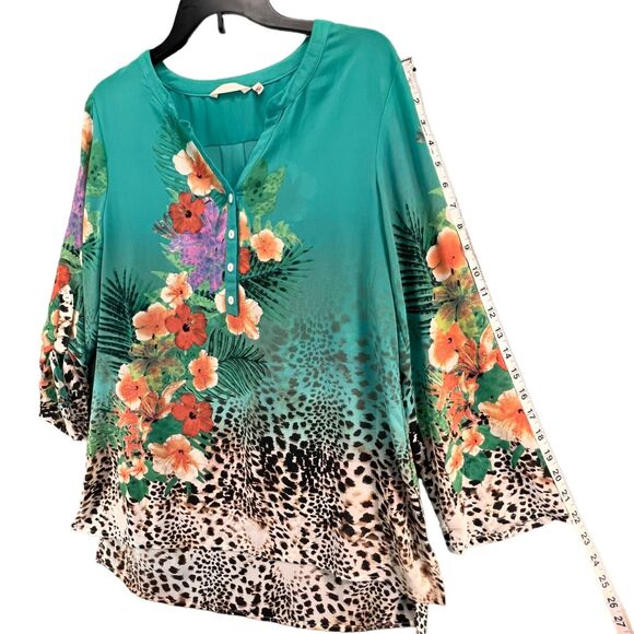 Soft Surroundings Tunic Top Women M Green Floral Sheer Blouse Resort Tropical - Picture 9 of 13